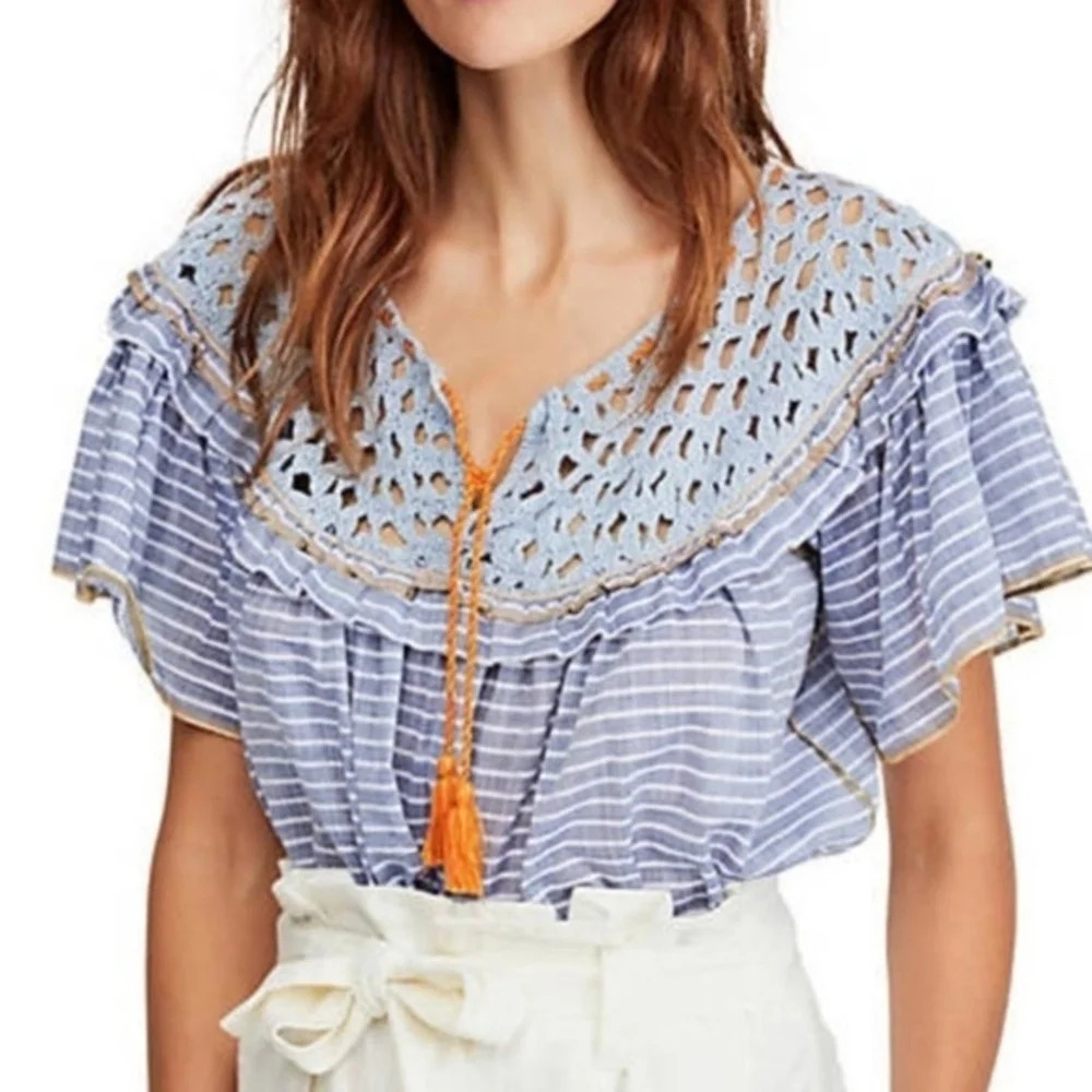 Free People Allora  Blue Striped Crochet Top XS - Picture 4 of 6